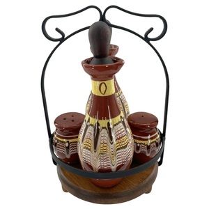 Bohemian Oil & Vingar Caddy w/Salt & Pepper Shakers with Drip Glaze NWOT